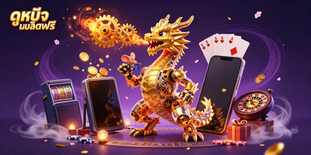 Experience ดูหนังออนไลน์ฟรี with a magical scene of golden gears, slot games, and vibrant fantasy elements.