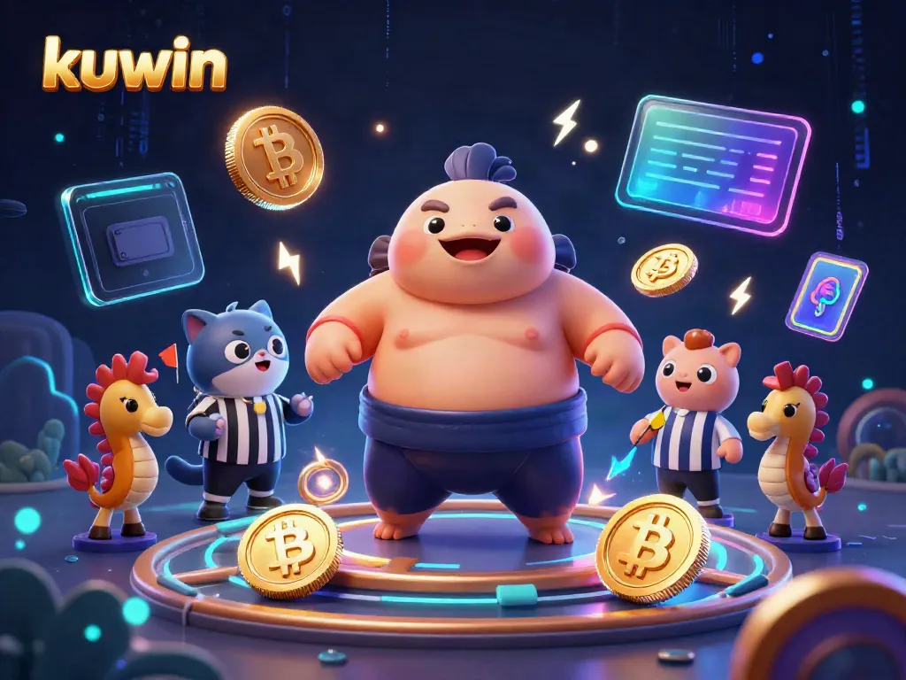 Kuwin offers exciting gameplay with crypto coins, featuring a fugu in a sumo match with vibrant elements.