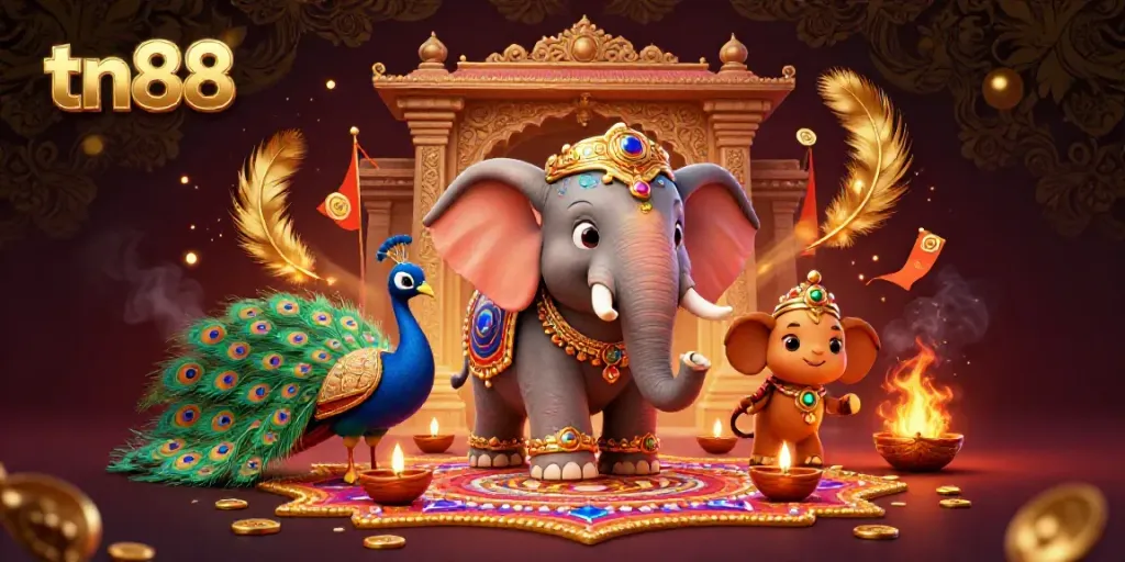 Experience the vibrant world of tn88 with a Diwali-themed elephant and dynamic casino elements.