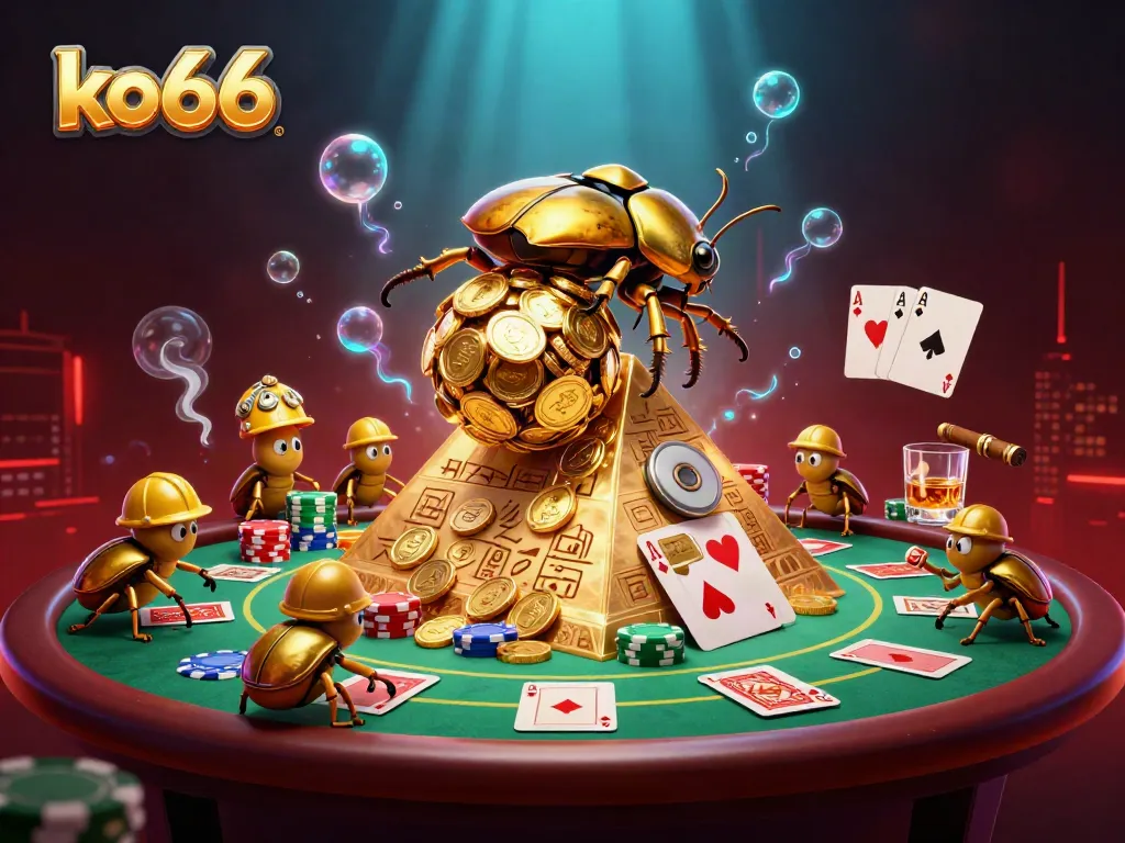Experience the thrill of ko66 with a vibrant 3D scene featuring golden beetles and casino elements.