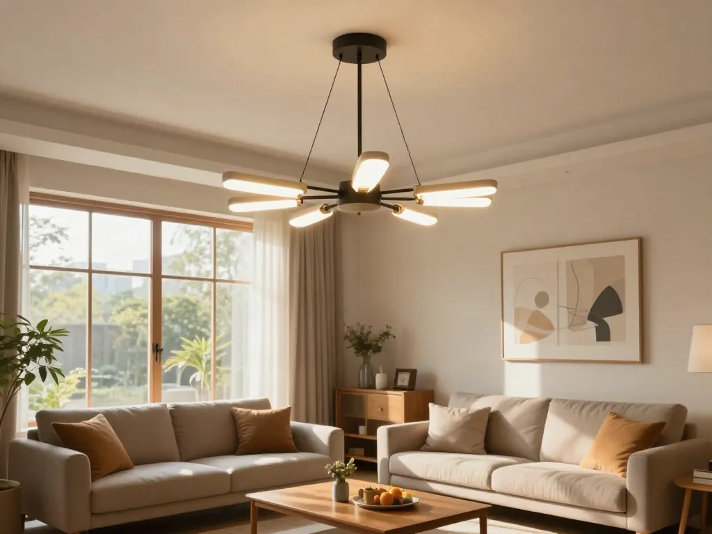 Lustra LED elegantă într-un living modern, reprezentând servicii de calitate din comunitate.