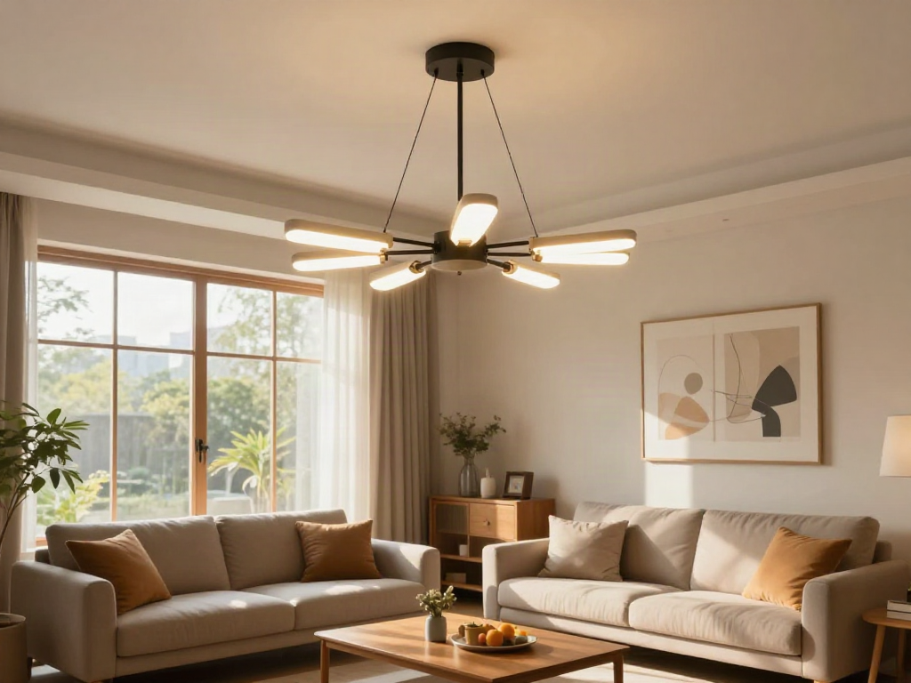 Lustra LED elegantă într-un living modern, reprezentând servicii de calitate din comunitate.