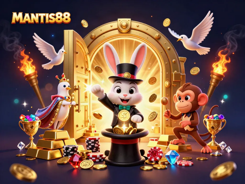 MANTIS88 showcases a whimsical casino scene with a magician rabbit and characters amidst golden treasures and vibrant casino elements.