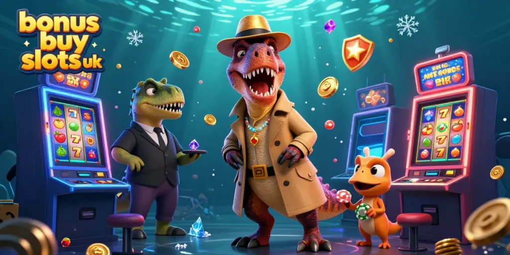 Engage in bonus buy slots UK featuring colorful slot machines, a velociraptor card counter, and a sneaky compy pickpocket.
