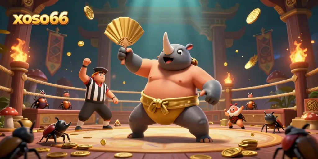 Experience the thrilling xoso66 action as a sumo champion beetle sends coins flying in a vibrant arena.