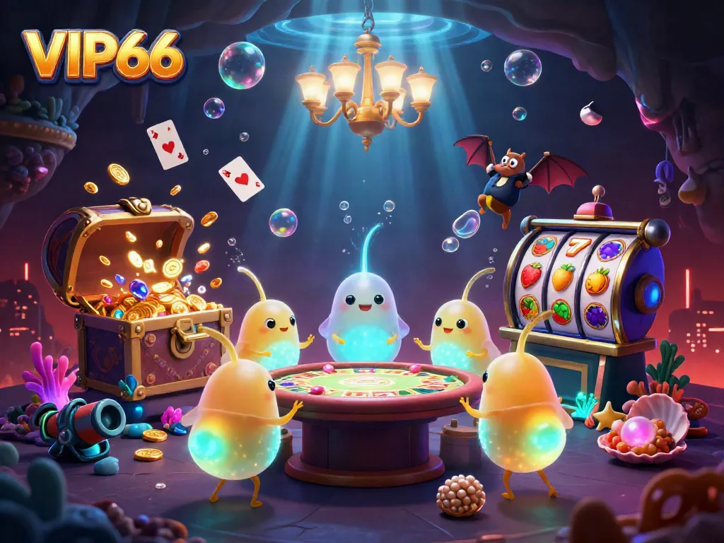 Experience VIP66's vibrant casino scene with glowworms lighting up a treasure-filled underwater world.