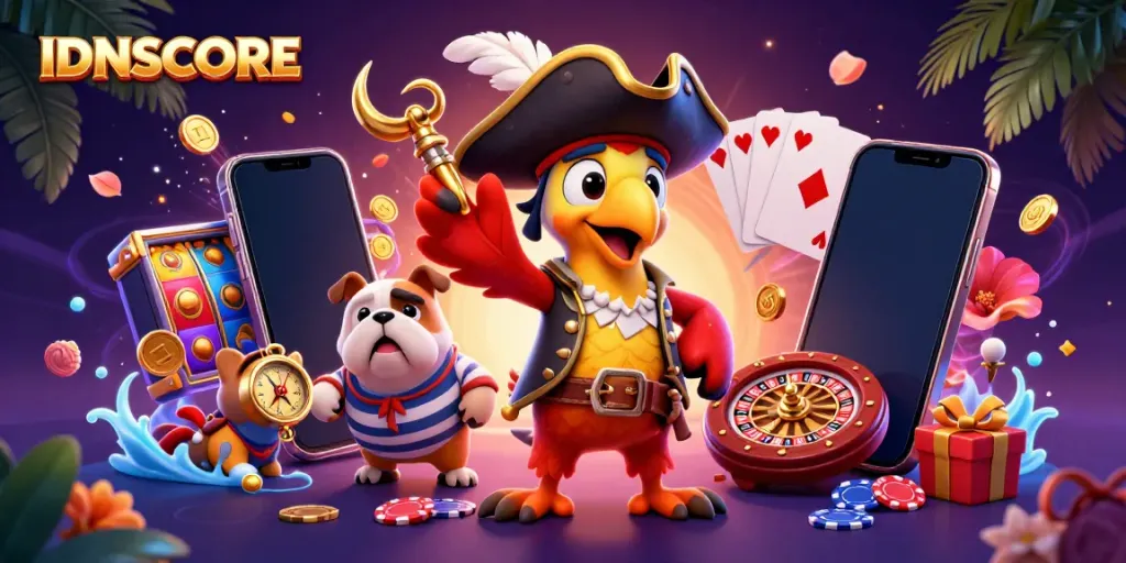IDNSCORE pirate-themed illustration showcasing playful gaming elements and vibrant characters.