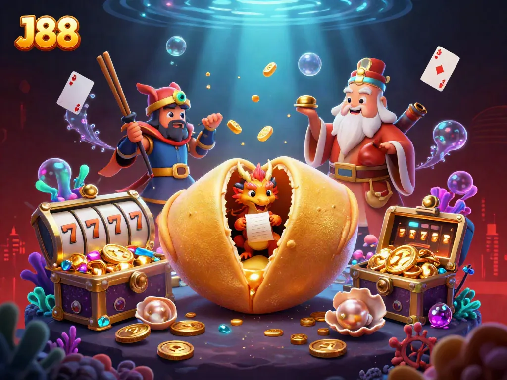 Win big with J88 in this colorful casino-themed underwater scene filled with fortune and excitement.