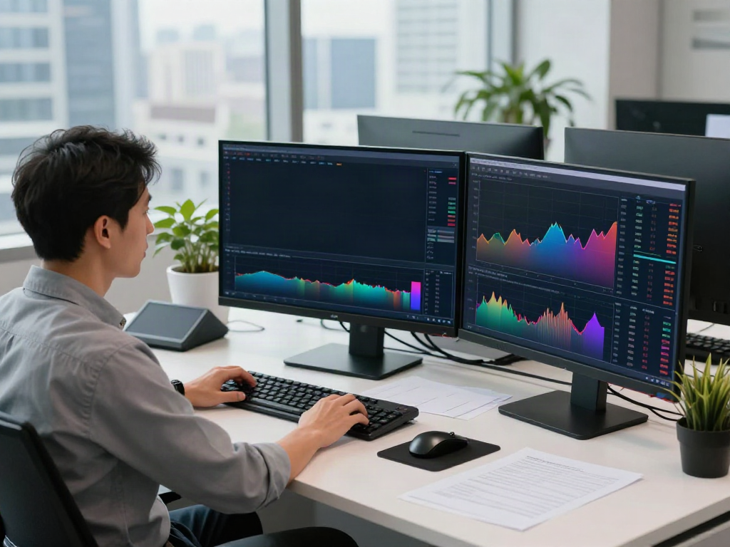 TradingView官网 stock trading analysis with multiple monitors in a modern office.