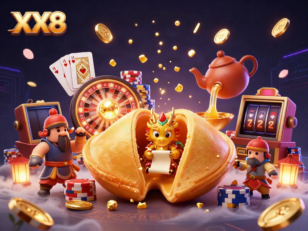 Experience the thrill of XX8 casino games with vibrant 3D characters and dynamic golden elements.
