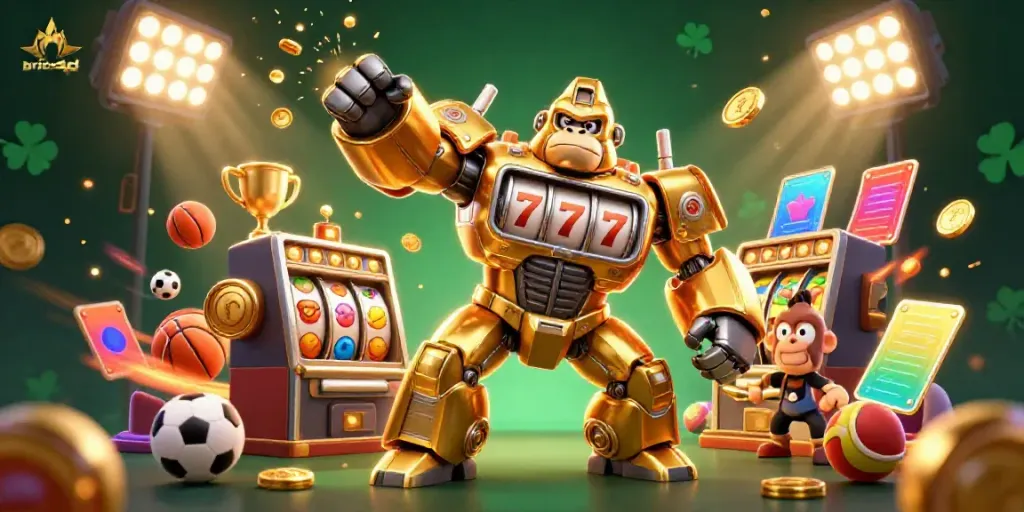 Experience engaging gameplay with brio4d's dynamic slot machine mech and vibrant decorations.
