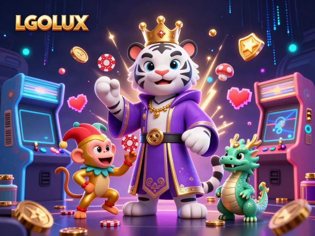 Experience exhilarating gaming action at LGOLUX with a vibrant 3D scene featuring playful gaming characters and bright casino elements.