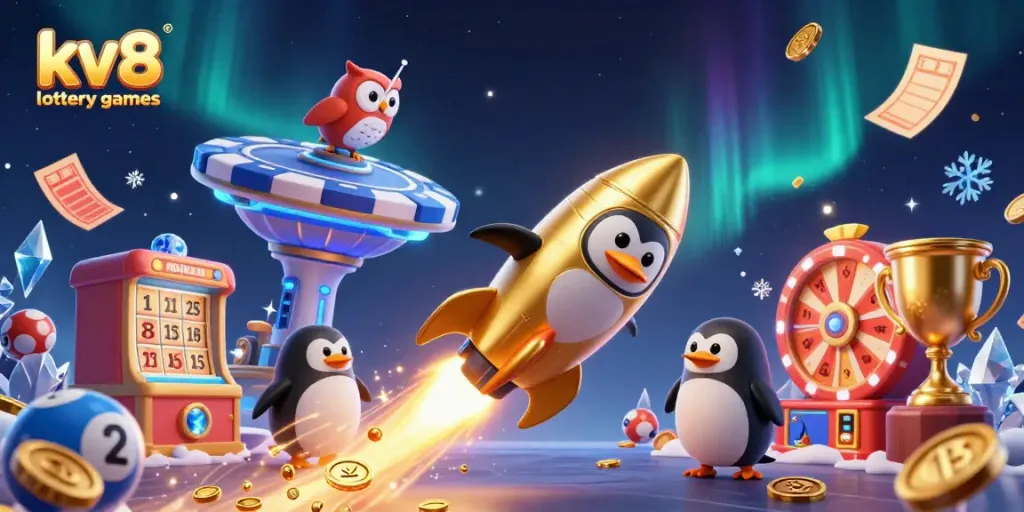 Engaging visual of kv8 lottery games with a golden penguin, lottery elements, and vibrant cosmic background.