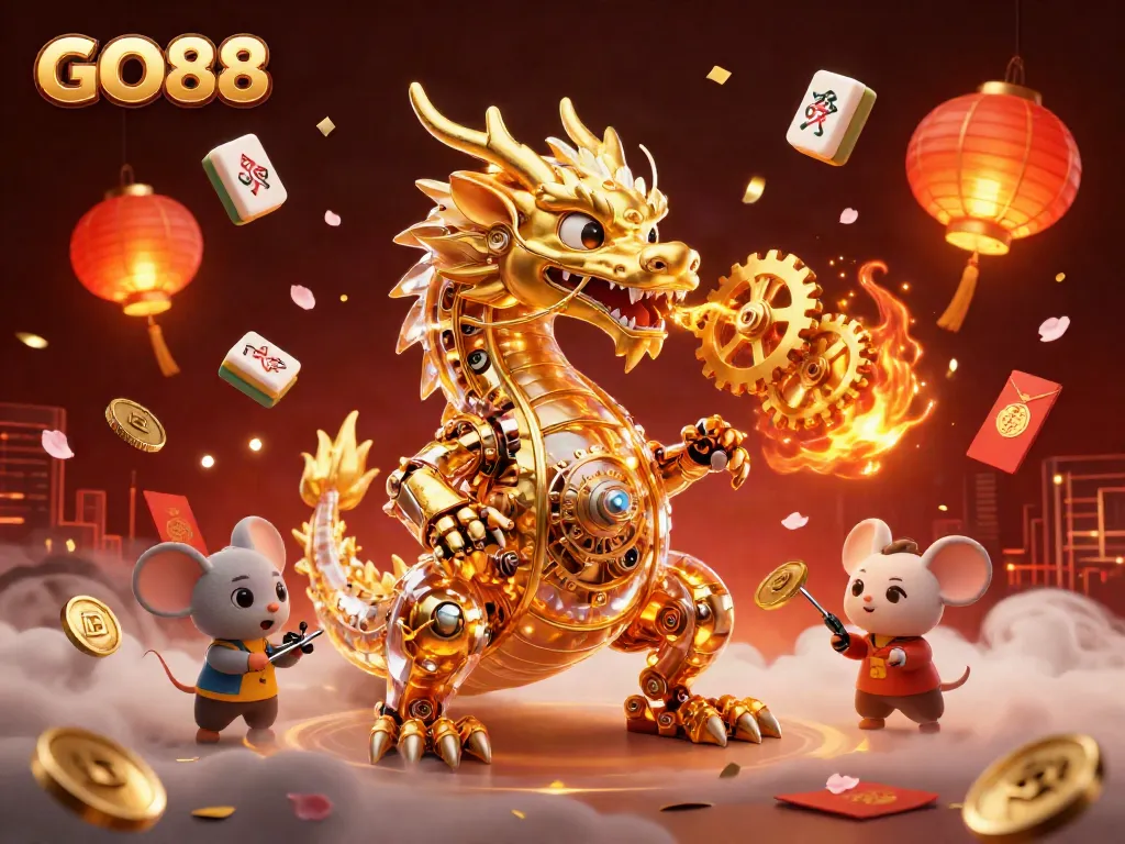 Interact with GO88's vibrant gaming world featuring a clockwork dragon and festive elements.