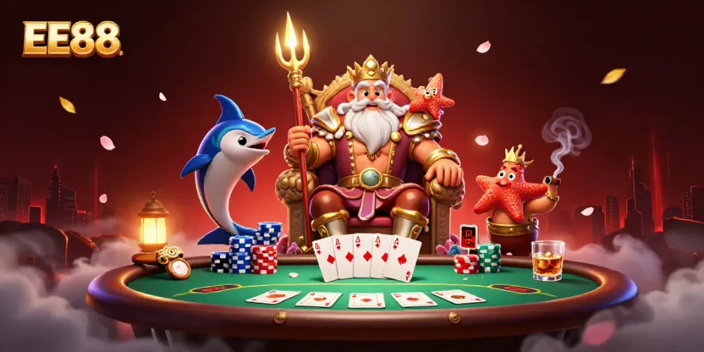 EE88 brings excitement to life with a captivating 3D fantasy casino scene featuring Neptune and poker elements.