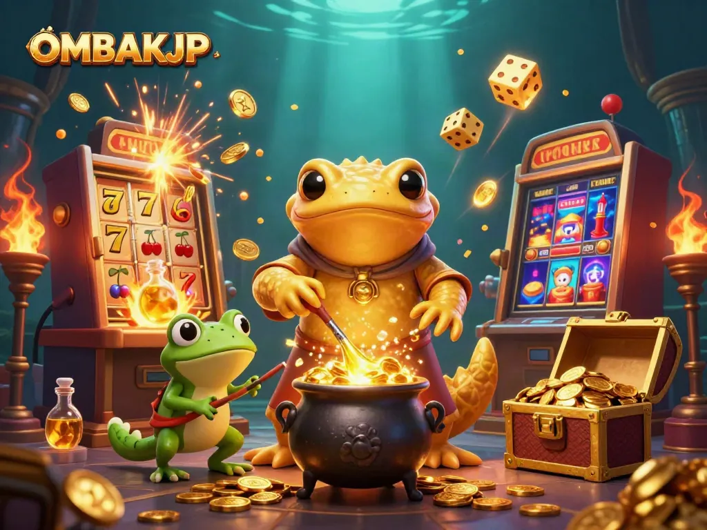 Experience OMBAKJP's thrilling jackpot scene with vibrant characters and dazzling casino elements.