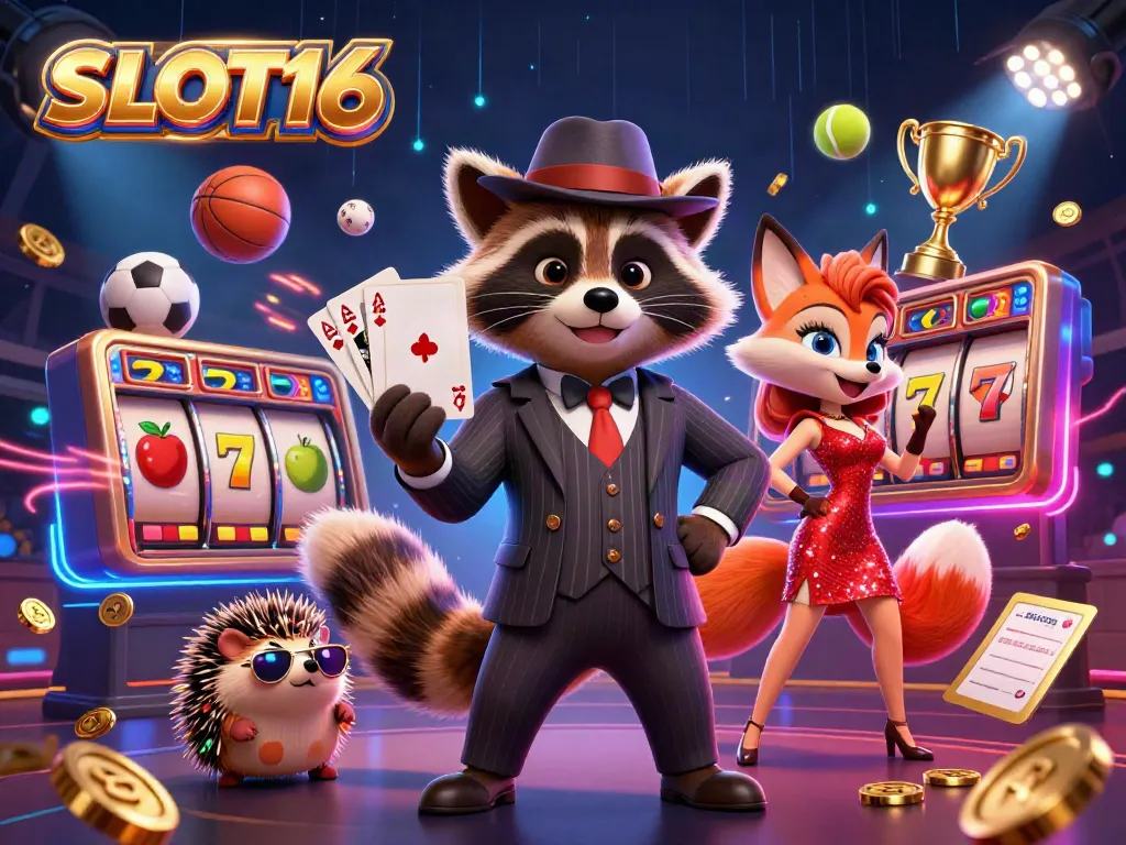 SLOT16 showcases a vibrant casino scene with a suave raccoon, glamorous fox, and hedgehog bouncer amidst vivid slot elements.