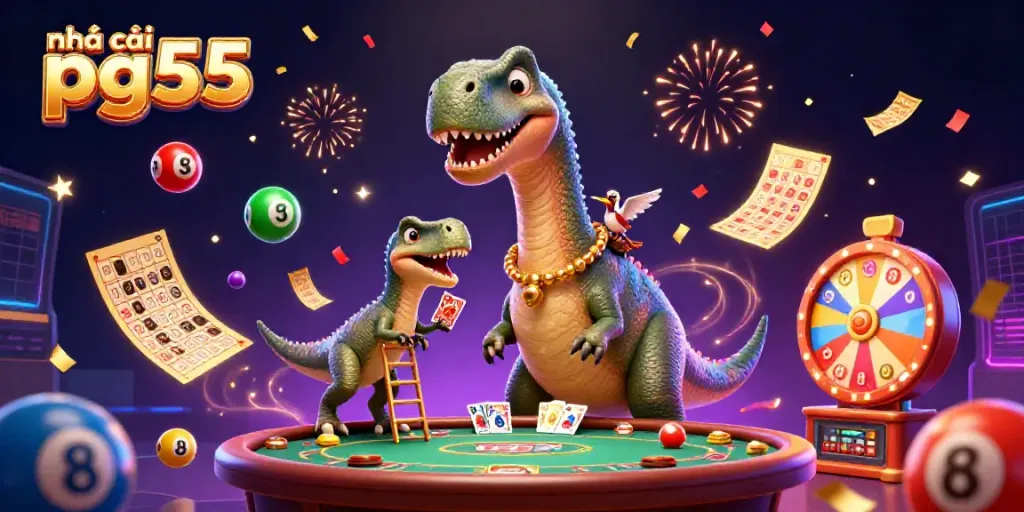 Engage with nhà cái pg55 in a vibrant casino scene featuring colorful lottery elements and playful characters.
