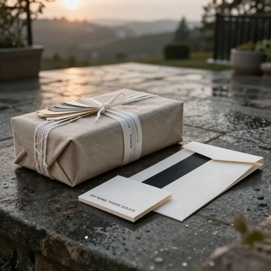 Linen launch box, swatch fan, brand deck and envelope on rain-damp limestone at dusk.
