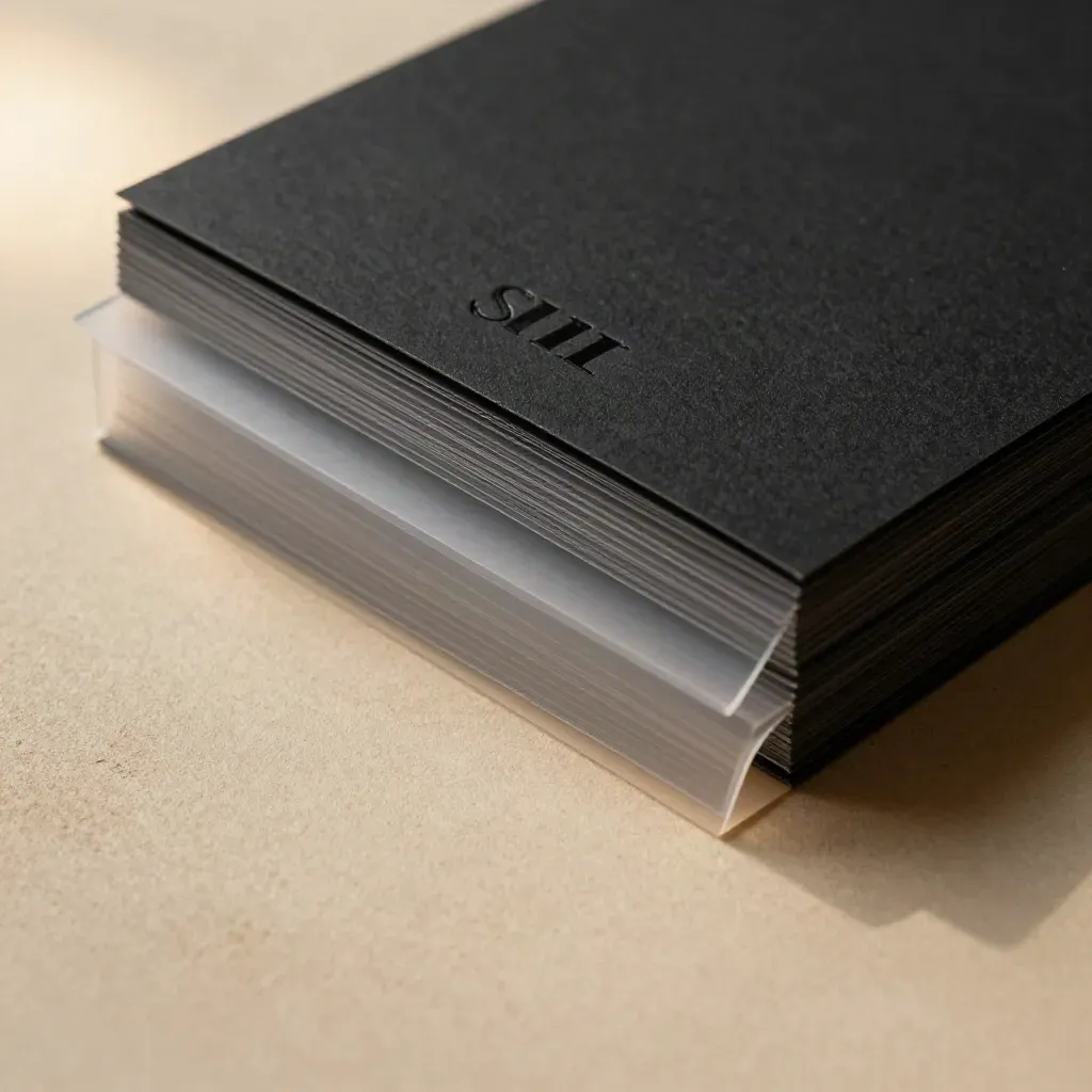 Macro of black proof cards and translucent overlays half-pulled from a rigid sleeve on warm stone.
