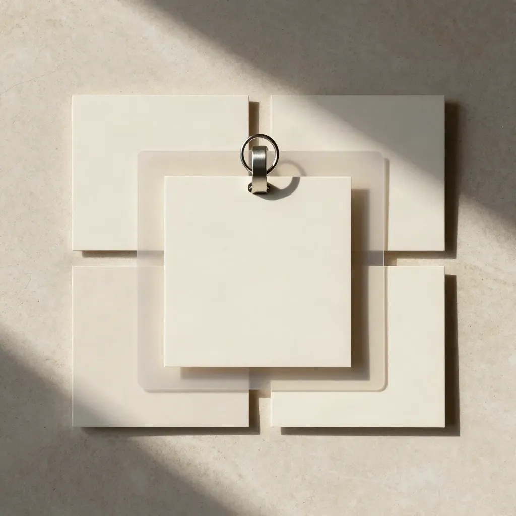 Overhead identity kit flatlay with cream cards, paper swatches, and a pewter ring.