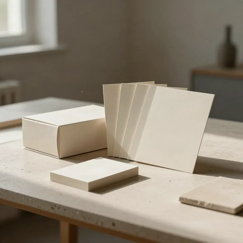 Opened launch bundle with paper sleeves and card stack on a plaster studio worktable.
