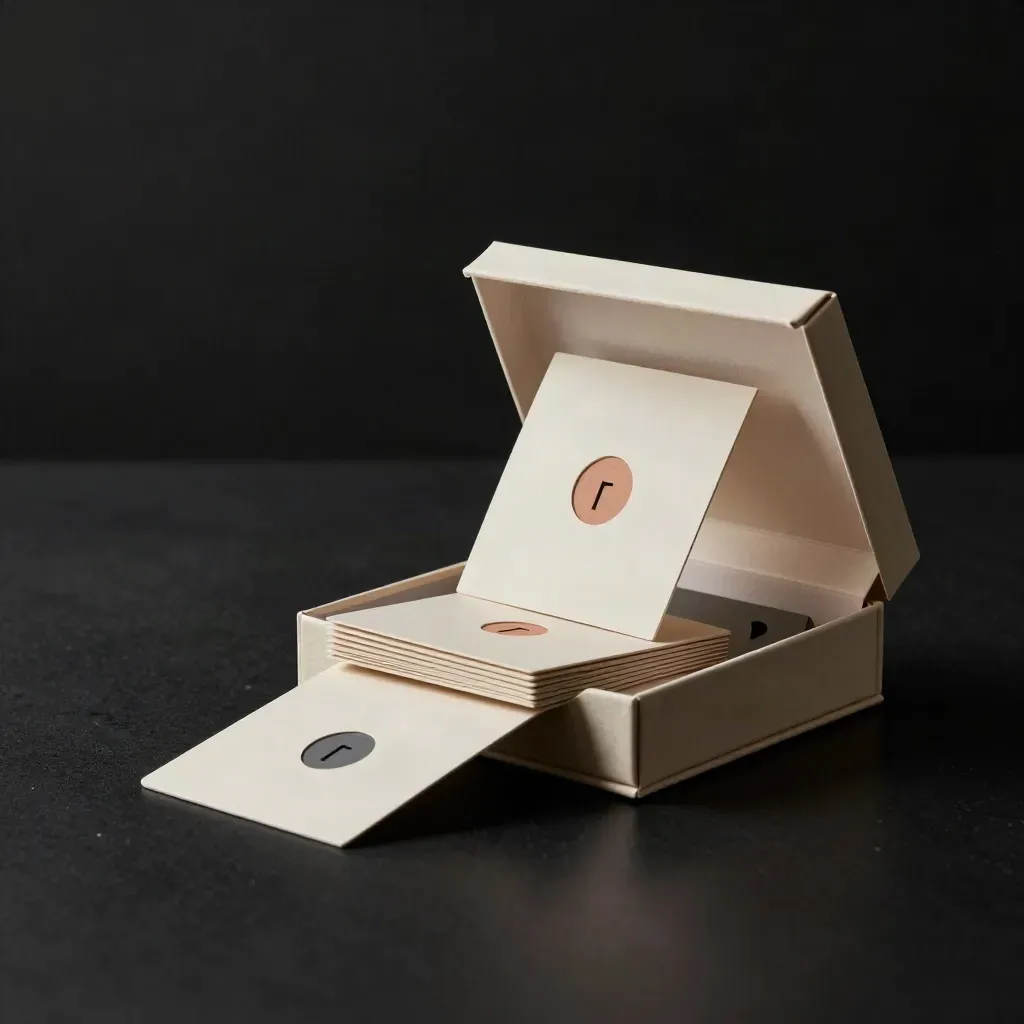 Cream brand sprint kit spilling logo cards, color chips, and type samples in dark studio light.