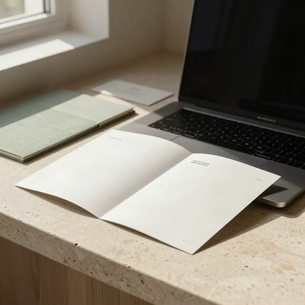 Closed laptop with folded website mockups and strip proofs in a calm studio scene.