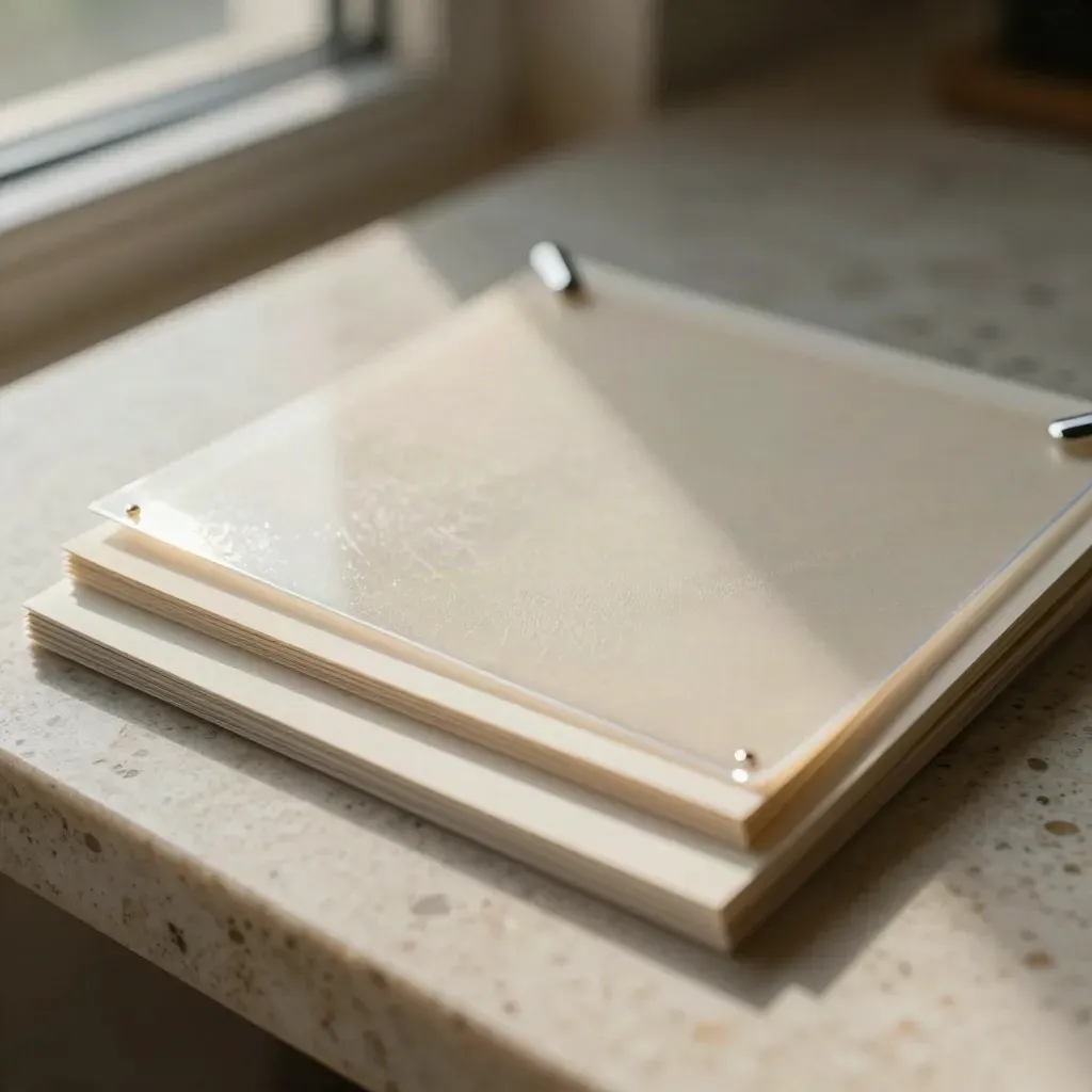 Macro of square paper tiles, vellum overlay and clip on travertine with muted sage accents.
