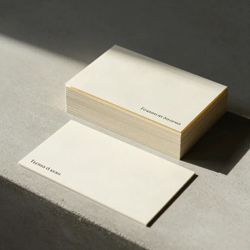 Cream brand words deck with stepped cards on pale concrete, soft overhead shadows.