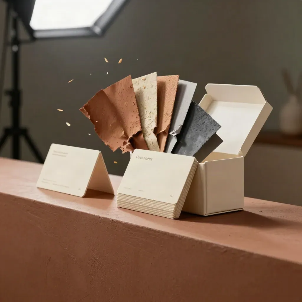 Opened brand launch bundle on clay plaster ledge with cards, swatches, and box in dramatic studio light.