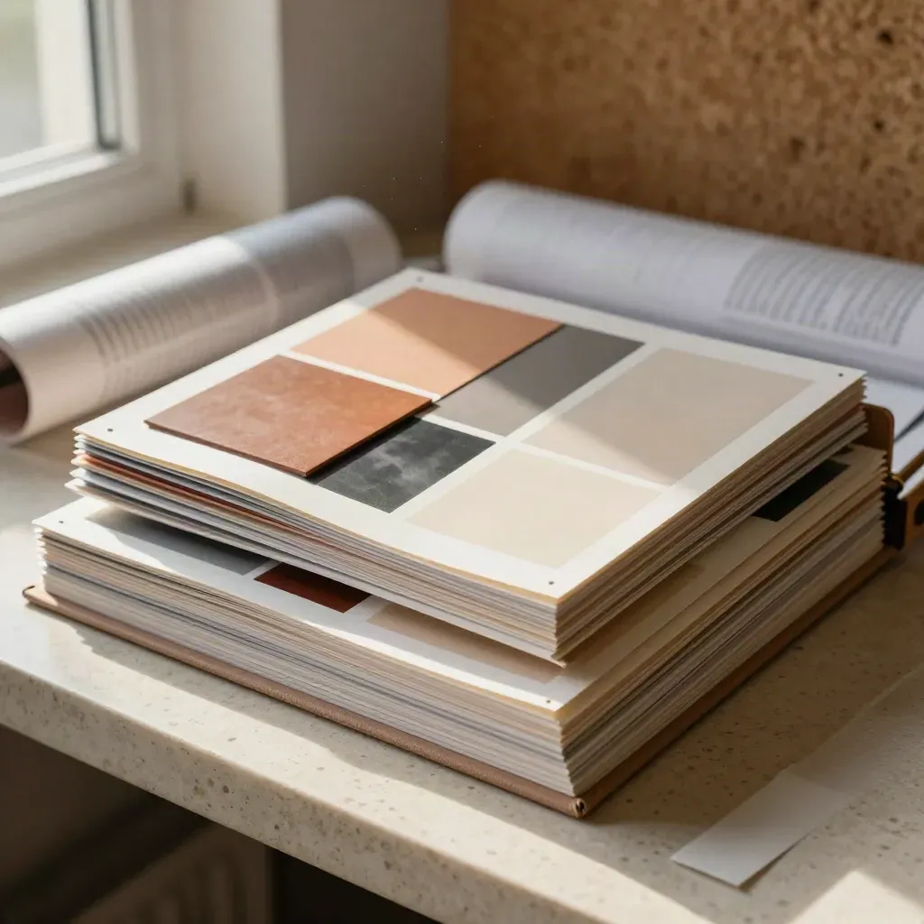 Open portfolio case with image boards, swatches, and layout strips in a calm studio hero scene.