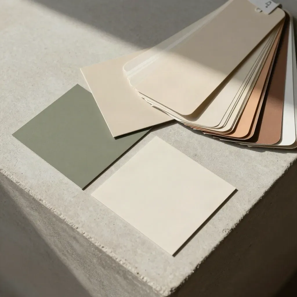 Overhead color chips, swatch fan, and mixing card on pale concrete