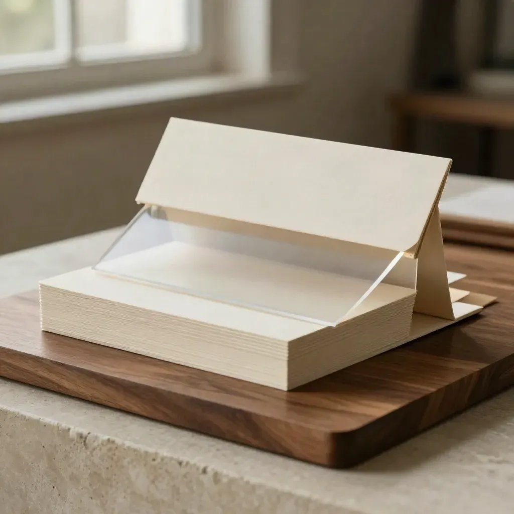Rigid logo file pack with blank proof cards and acetate separators on warm ivory and walnut.