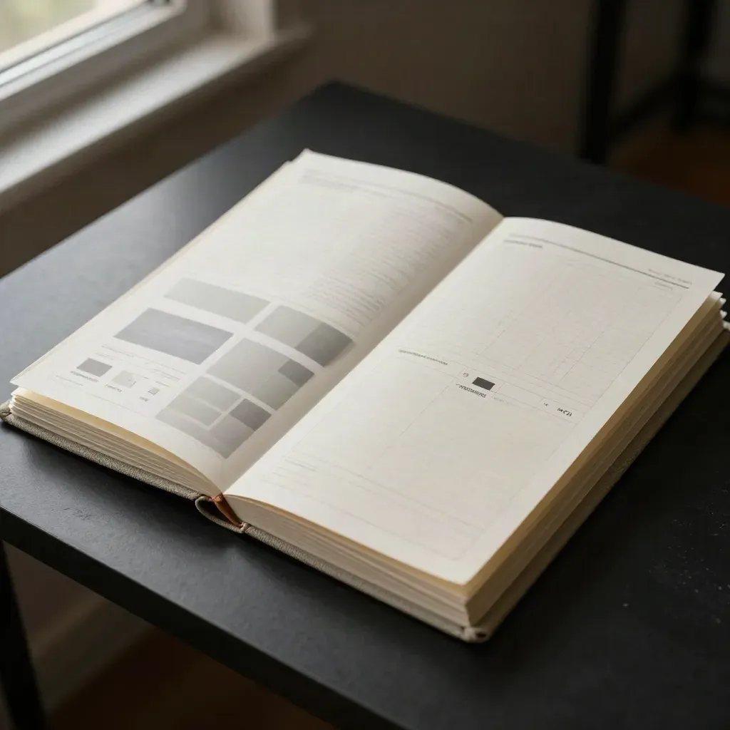 Folded homepage wireframe kit on a matte-black plinth with sage tabs and pale grid folder