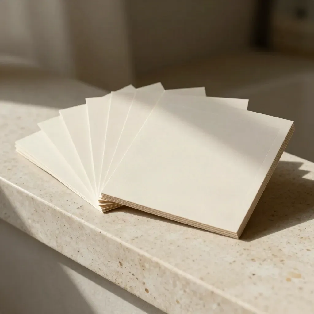 Fanned square mockup cards with a translucent sheet and sleeve on a travertine ledge.