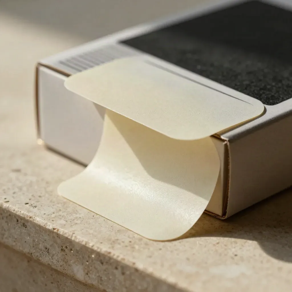 Macro of blank adhesive label sheets curling over a carton corner beside a folded insert card.
