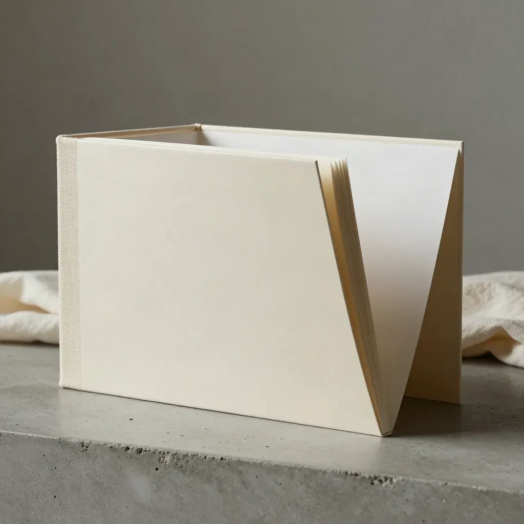 Open pitch deck cover kit with linen spine and clasped folder on pale concrete.