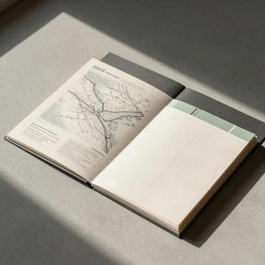 Overhead flatlay of a local SEO brand page kit with tabbed cards, folder, and page-map board.