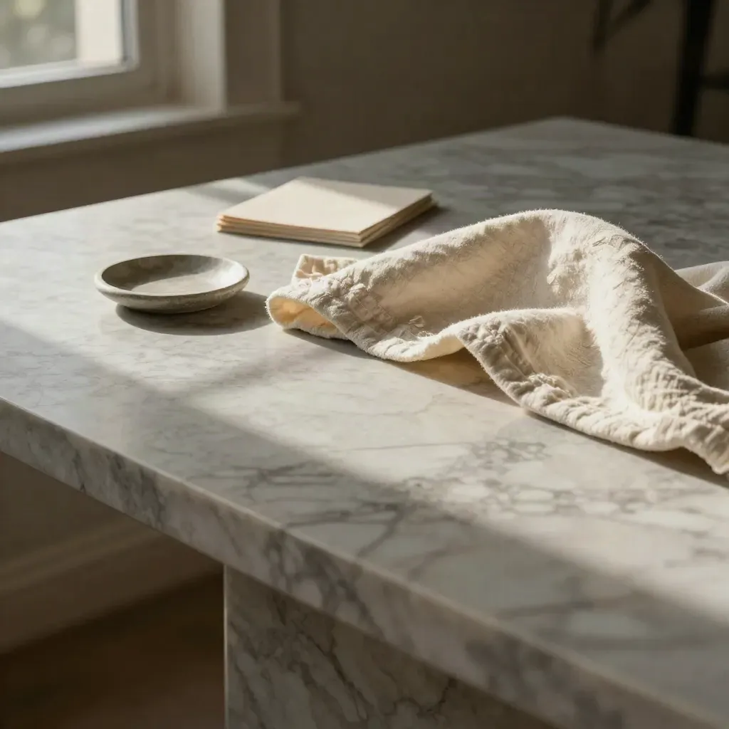 Honed marble tabletop with folded ivory linen and a stone dish in soft late-morning light.