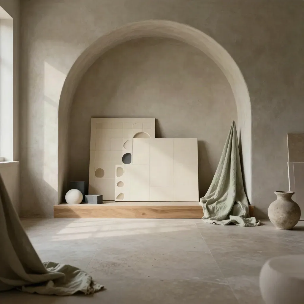 Plaster studio corner with arched recess, oak plinth, sage linen and blank page panels in soft afternoon light