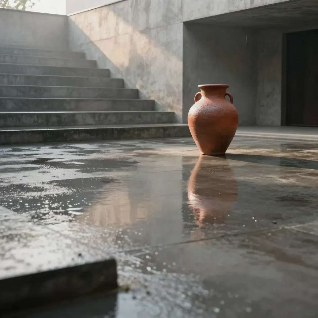 Rain-darkened courtyard with clay vessel, low stair, and misty lintel shadow
