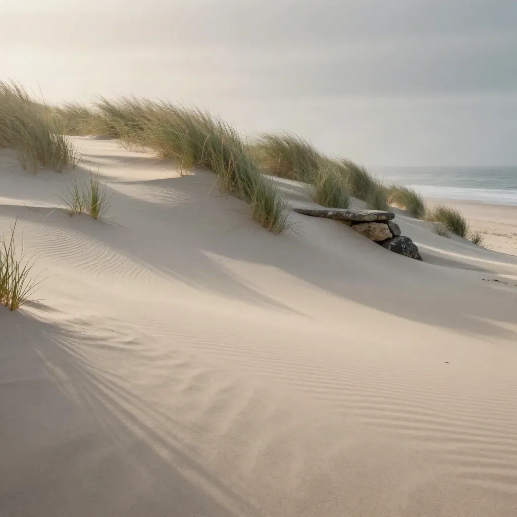 Sunlit sand ridge with wind-rippled grass and a small stone ledge in sea haze.