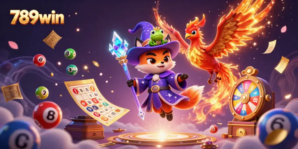 Engage in the exciting world of 789win with vibrant lottery elements and a mystical wizard.