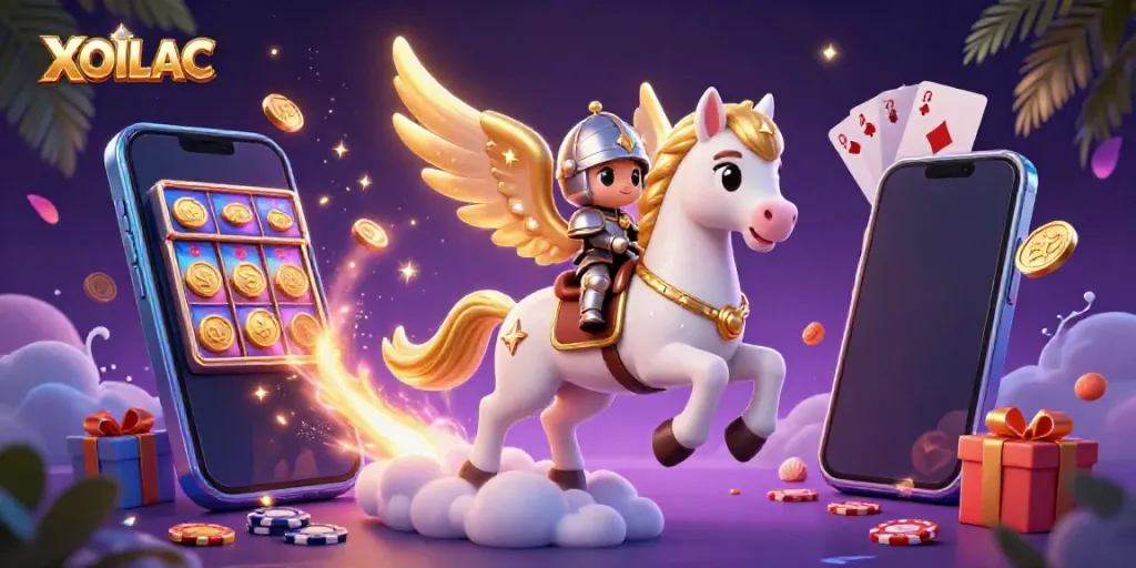 XOILAC showcases a dynamic illustration of a celestial horse, knight, and gambling elements from the online betting world.