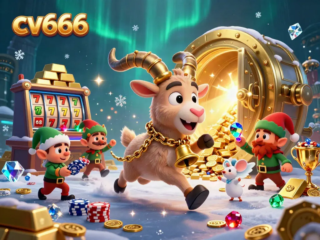 Experience the festive chaos of cv666 with Krampus, angel mouse, and elf gremlins in a vibrant casino scene.