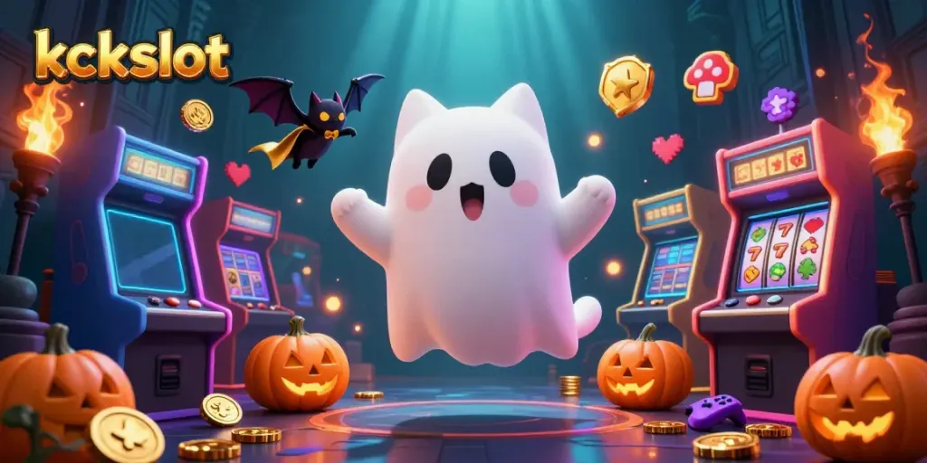 Menangkan permainan di kckslot dengan kucing hantu dan elemen kasino berkilau.