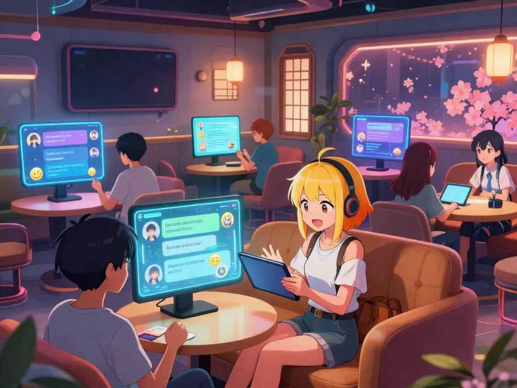 Anime characters engaging in lively hentai ai chat in a cozy virtual lounge.