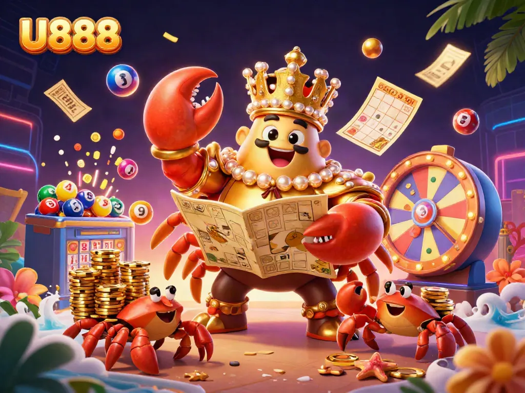 U888 promotes dynamic lottery excitement with a golden crab emperor holding treasure, vibrant gaming elements surrounding.
