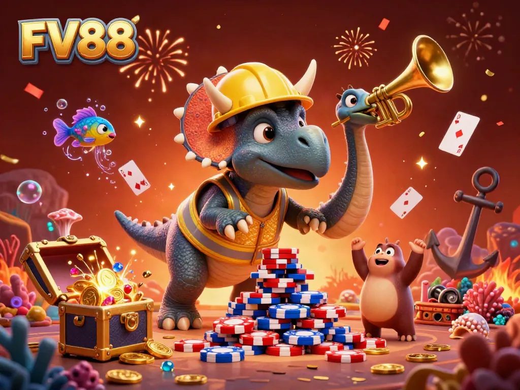 FV88 brings excitement with 3D characters celebrating amidst poker chips, coral treasures, and festive confetti.